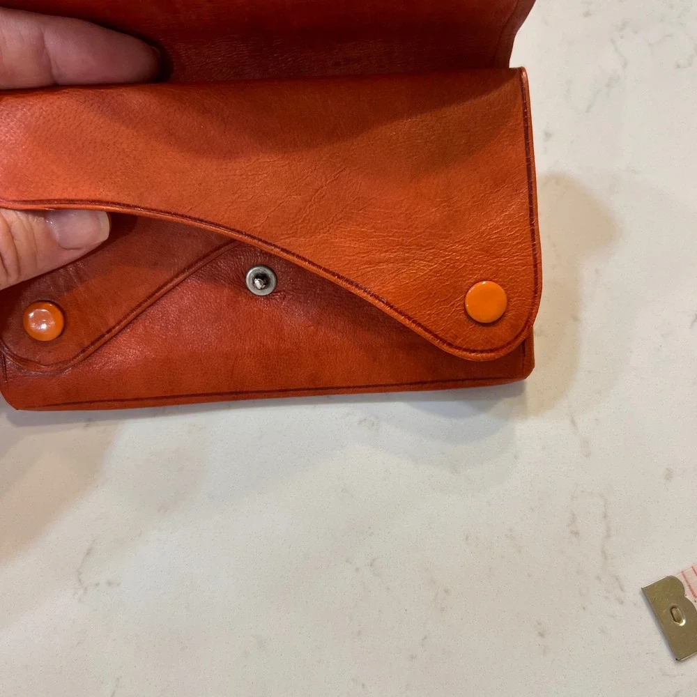 Vintage Burnt Orange Leather Envelope Clutch Triple Snap Hand Made Wallet